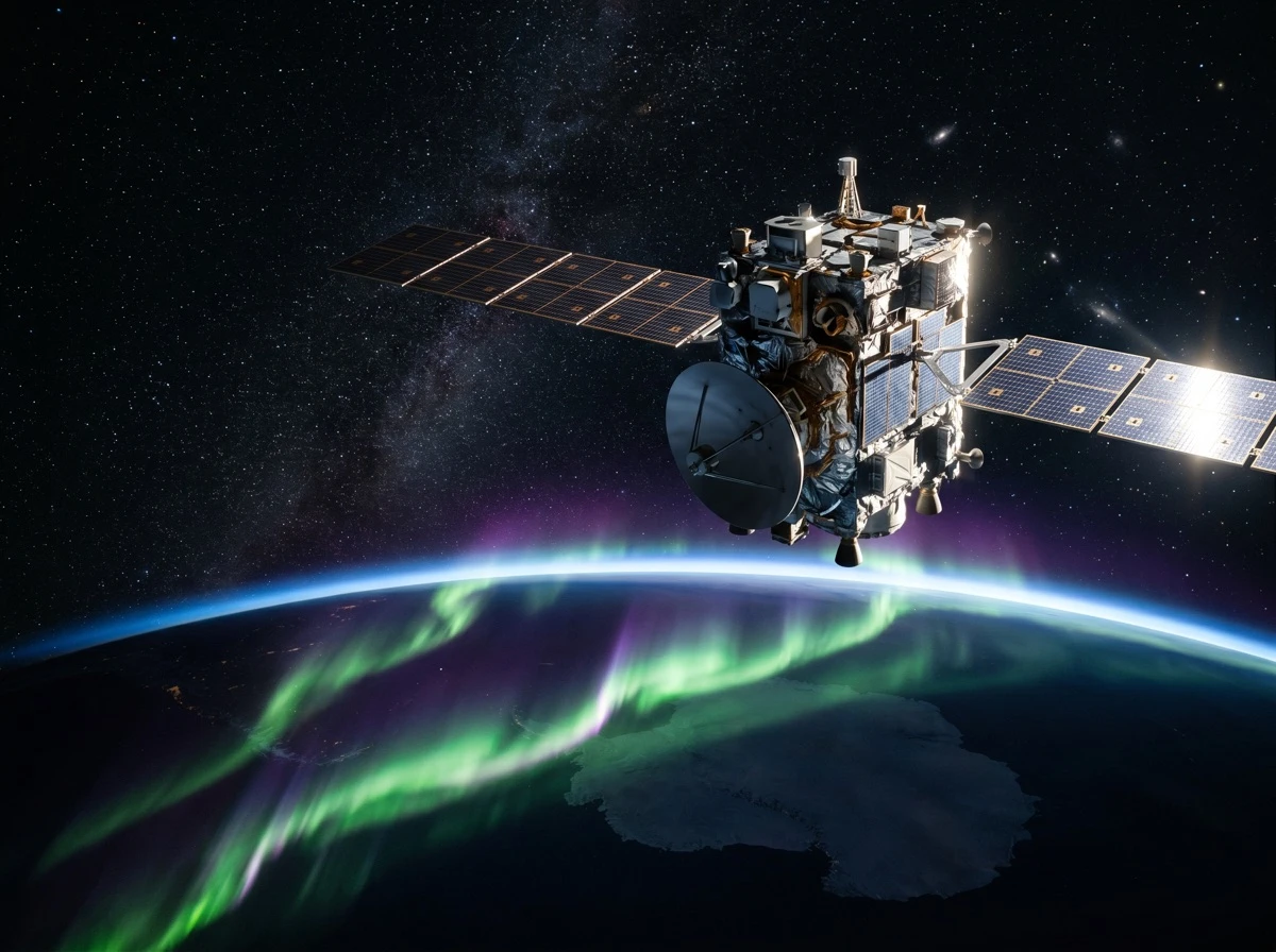 Weather-station mast and all-sky camera dome on an Arctic snowfield beneath a faint aurora