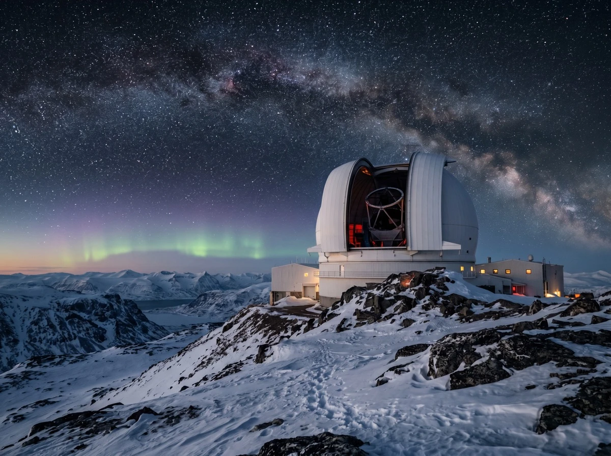Research telescope on an equatorial mount under the polar night sky and the Milky Way