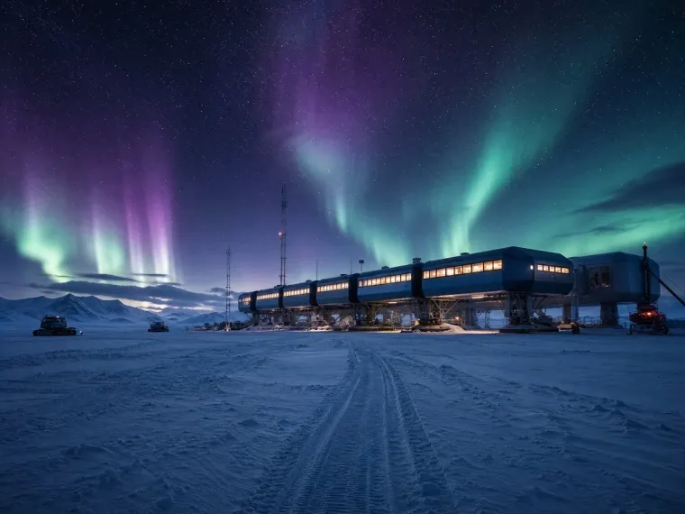Field researcher reading a ruggedized device beside a weather station in the Arctic night