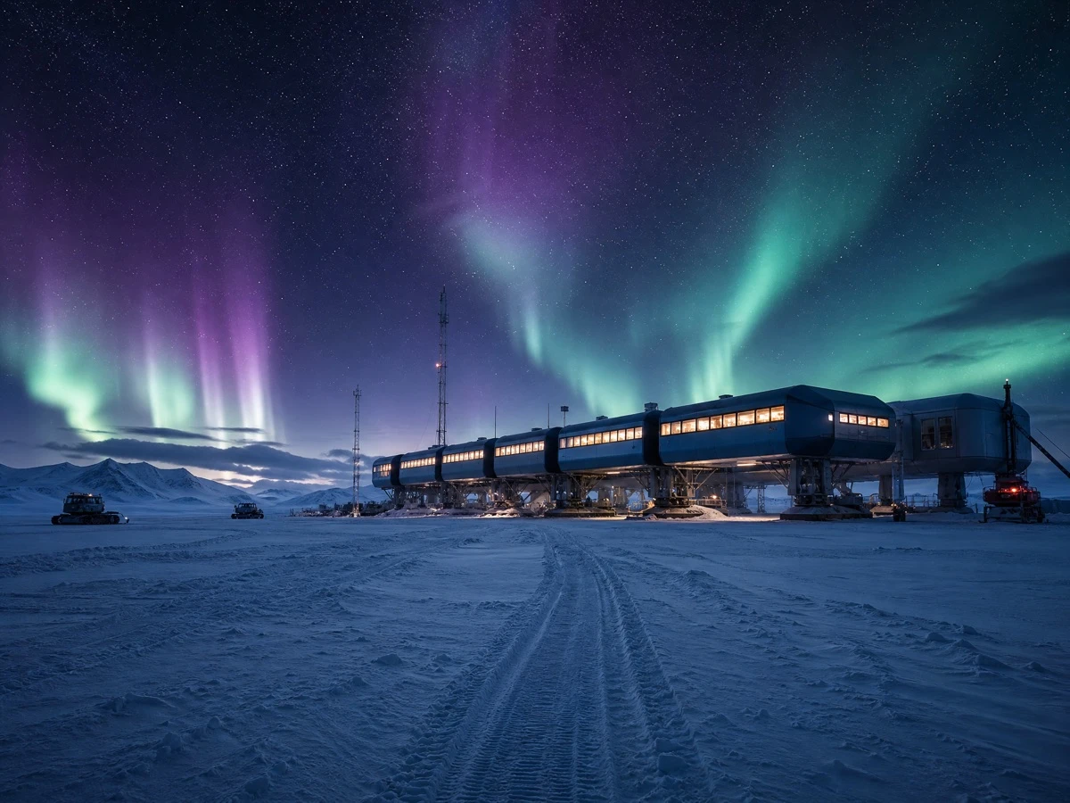 Field researcher reading a ruggedized device beside a weather station in the Arctic night